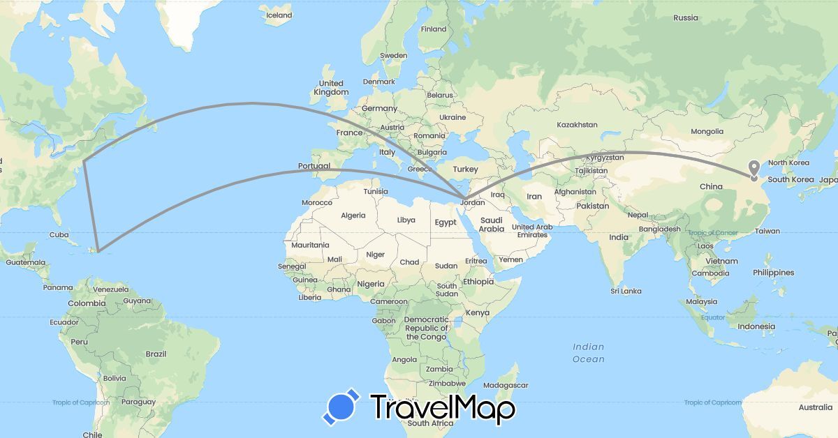 TravelMap itinerary: driving, plane in China, Dominican Republic, Israel, United States (Asia, North America)